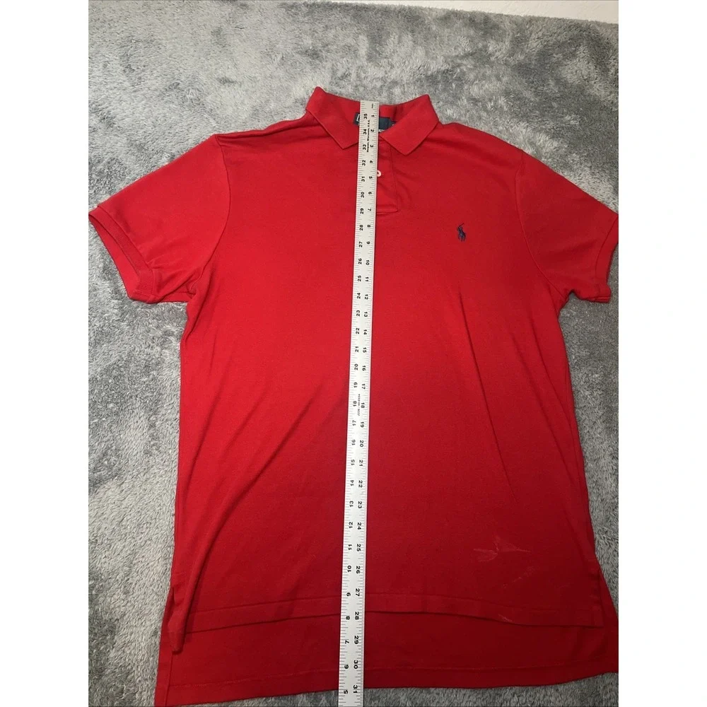 VTG Polo By Ralph Lauren Red Short Sleeve Shirt Navy Pony Custom Fit Cotton SZ L